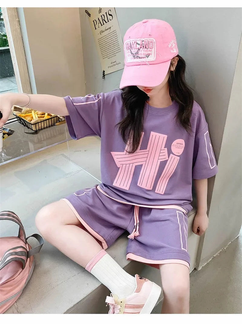 Ensemble 2 pièces filles – T-shirt manches courtes & short décontracté imprimé lettres, 5-14 ans