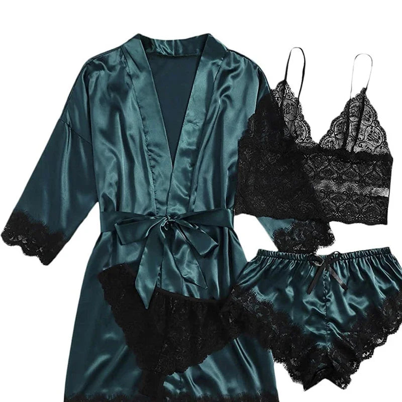 Ensemble Lingerie Femme 4 Pièces Dentelle — Nuisette, Short, Robe de Chambre, Sexy