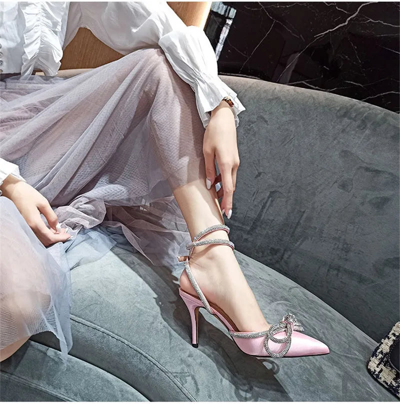 Escarpins Glitter Strass Noeud Soie Talon Fin — Bout Pointu, Boucle, Soirée Prom 2025