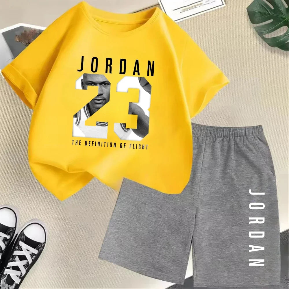 Ensemble 2 pièces enfant mixte – T-shirt manches courtes & short imprimé marque, style sport mode été