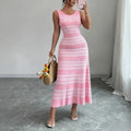 Robe Maxi Bodycon Rayée Rose — Sans Manches, Col Rond, Plage & Soirée Été