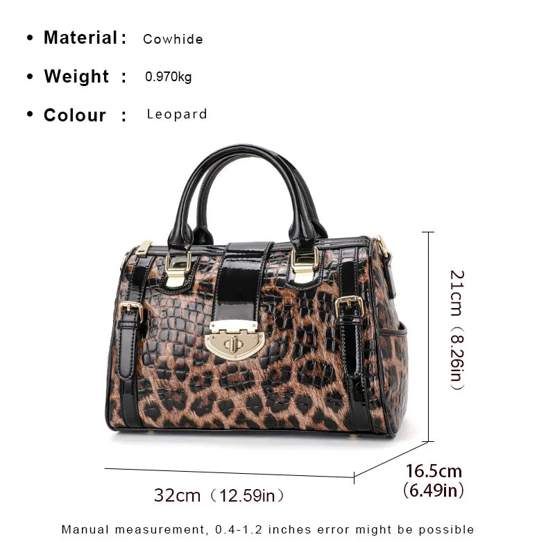 Sac Boston Femme Cuir Véritable Imprimé Léopard — Style Luxe Tendance