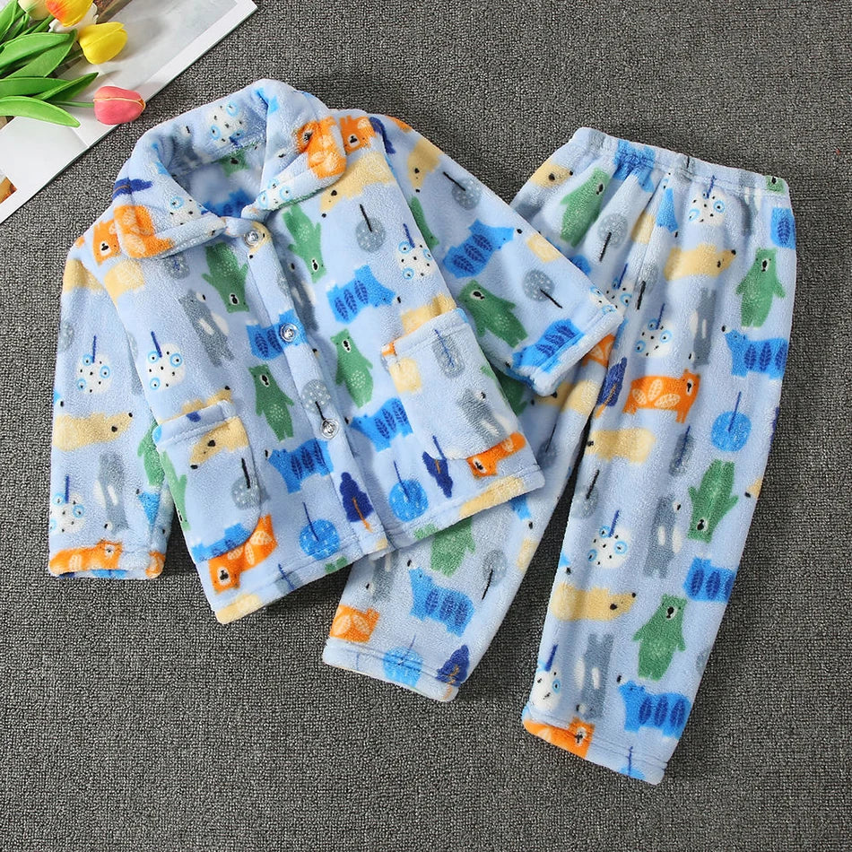 Pyjama Enfant Polaire Cartoon — Manches Longues, Chaud Hiver, Garçon & Fille