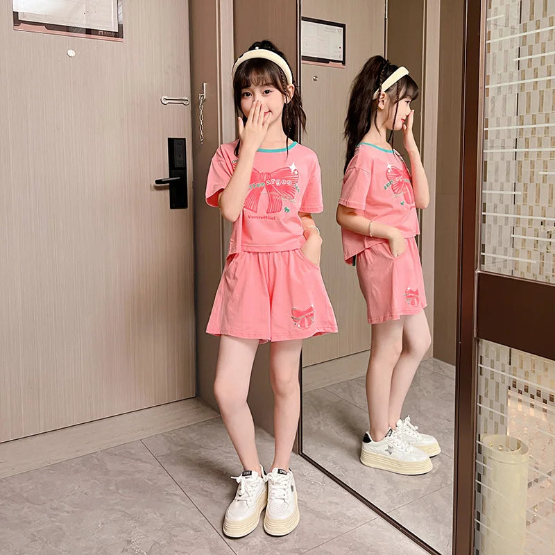 Ensemble 2 pièces filles – T-shirt imprimé nœud manches courtes & short sport, tenue été 2025