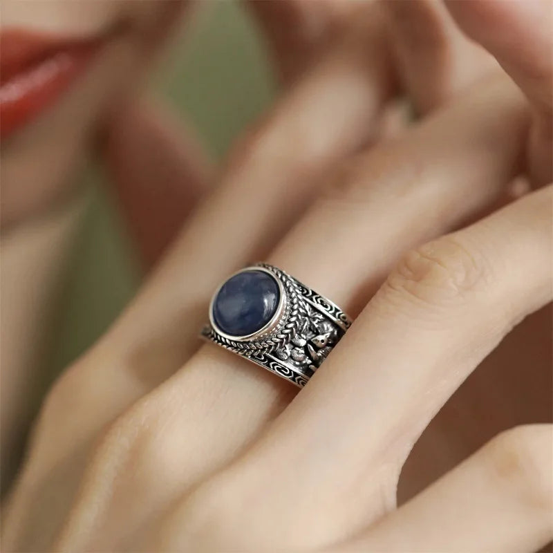 PANJBJ Bague Femme Argent 925 Pierre Œil de Chat Bleu — Rétro, Polyvalente
