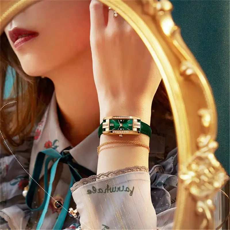 Montre Femme Carrée Quartz — Bracelet Cuir Vert, Cadran Simple, Luxe Fashion