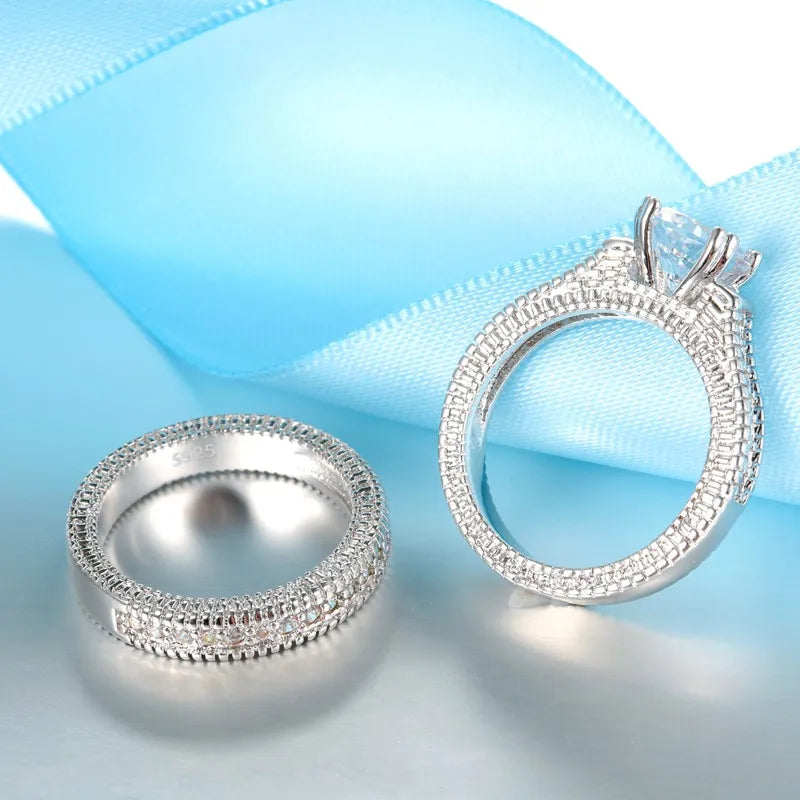 Bague Couple Mariage Argent 925 — Zircon Brillant, Anniversaire & Fiçailles