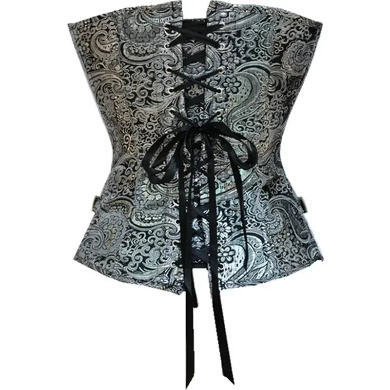 Corset Overbust Burlesque Gothique pour Femme – Style Steampunk Jacquard