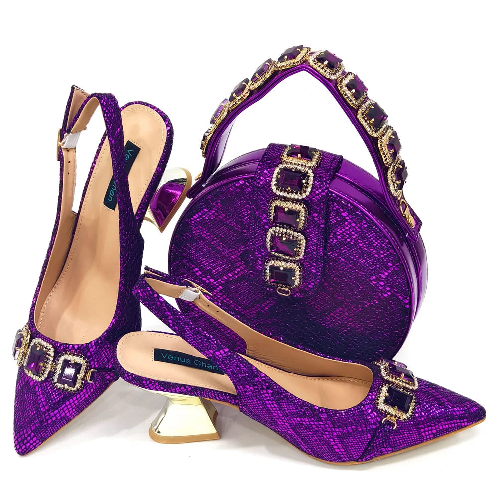 Ensemble Chaussures & Sac Femme Venus Chan Vert Strass — Talon Haut, Soirée Luxe