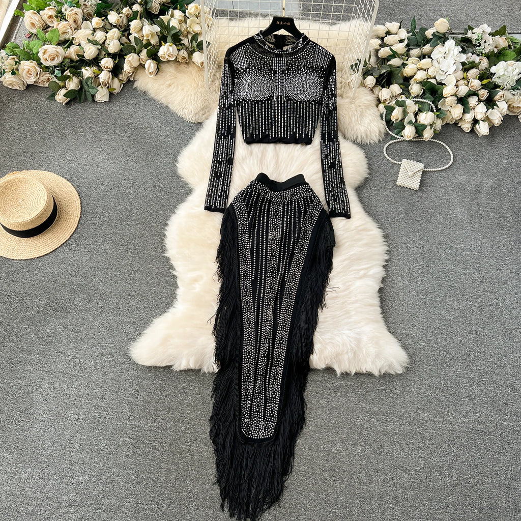 Ensemble Femme Manches Longues Sequins & Franges — Jupe Longue Tendance 2024