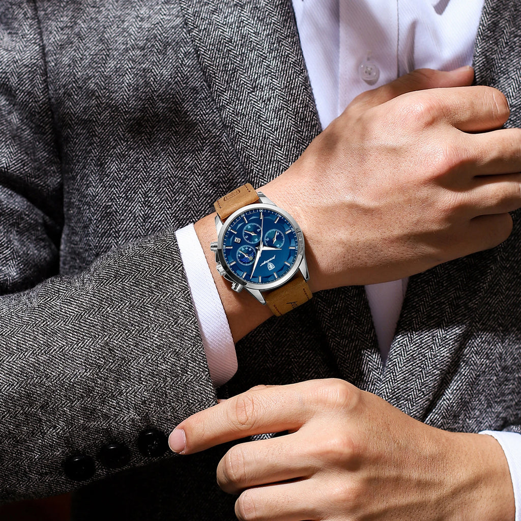 POEDAGAR Montre Homme Luxe Chronographe Cuir — Étanche, Lumineuse, Date, Sport Militaire