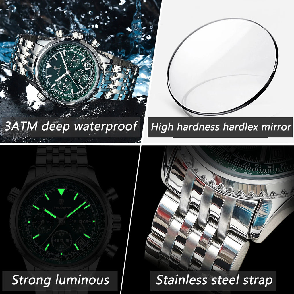 POEDAGAR Montre Homme Luxe Chronographe — Acier Inoxydable, Étanche, Sport Élégant