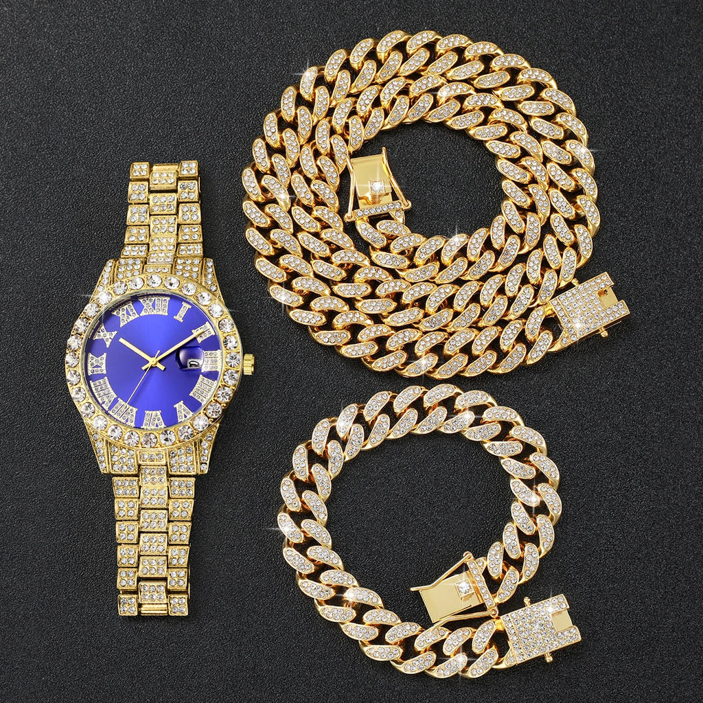 Coffret 3 Montres Homme Luxe Diamant — Cadran Roma, Acier, Quartz + Bijoux (Sans Boîte)