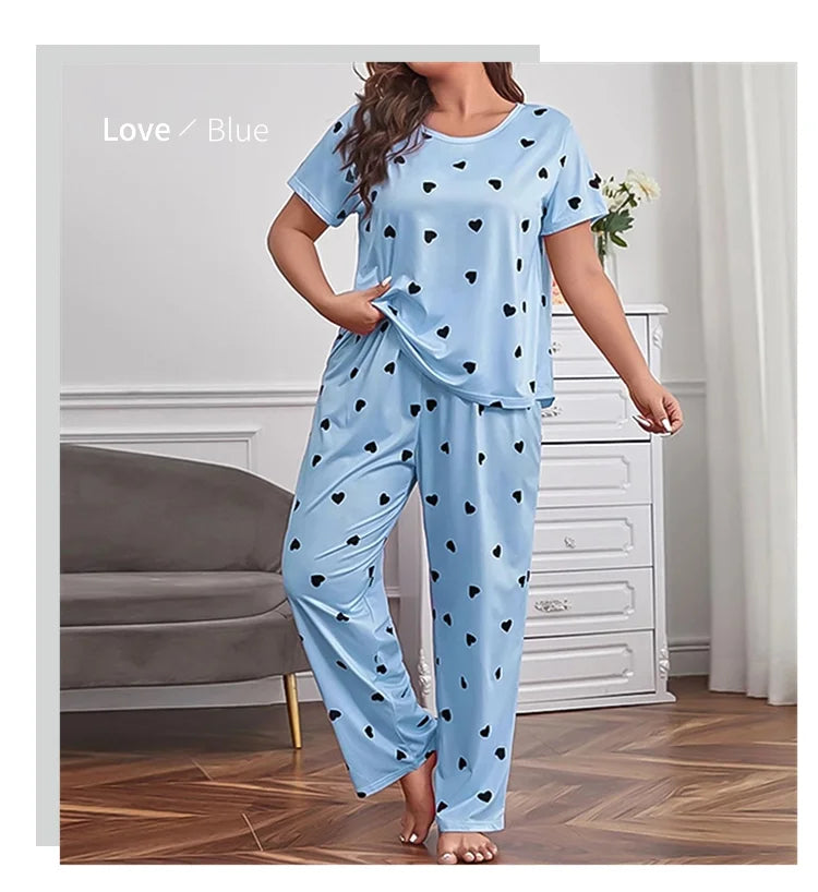 Pyjama Femme Grande Taille Imprimé Cœur — 2 Pièces Manches Courtes & Pantalon, Doux