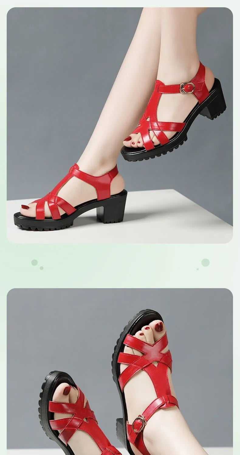 Sandales Gladiateur Femme Cuir Véritable Plateforme 2025 — Talon Bloc 6-10cm, Petite Taille 32-43
