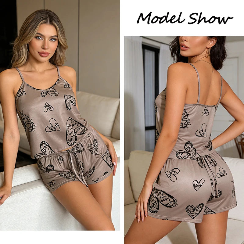 Pyjama Femme Soie Glacée Imprimé — Top Col Rond & Short, Respirant & Confortable