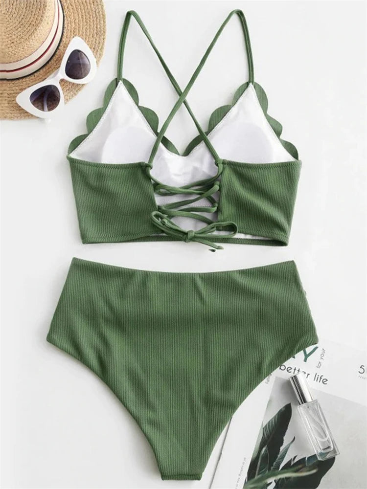 Bikini Femme Uni Côtelé Taille Haute 2026 — Bretelles, 2 Pièces, Maillot de Bain Plage
