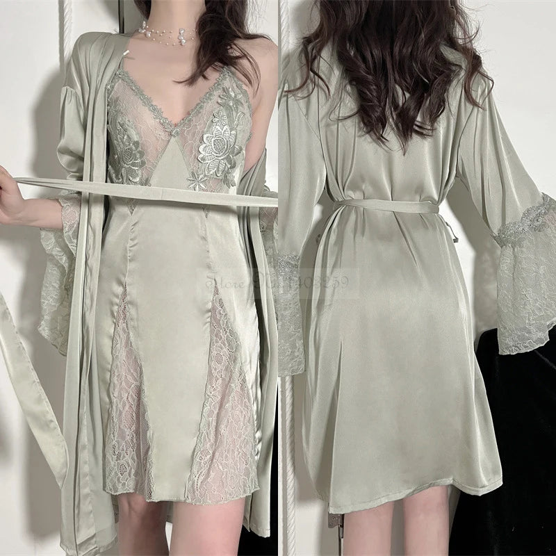 Robe de Chambre Femme Broderie Sexy — Dentelle Satin, Kimono Mariage Été