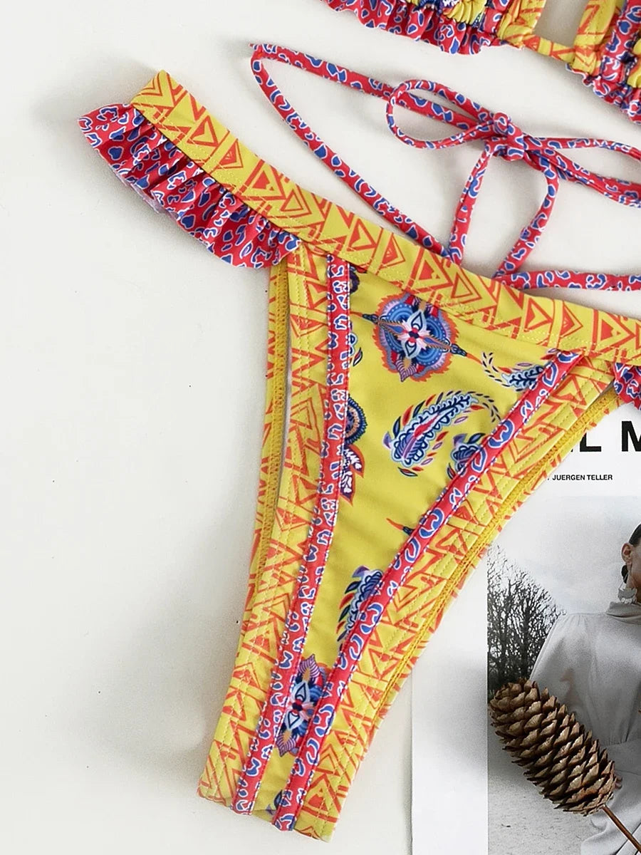 Bikini Halter Floral Volanté Femme — 2 Pièces, Tanga, Maillot de Bain Plage