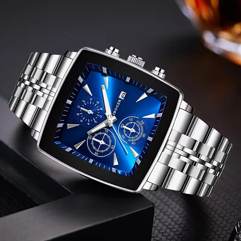 Montre Homme Luxe Carrée Quartz — Acier Inoxydable, Calendrier, Business (Sans Boîte)