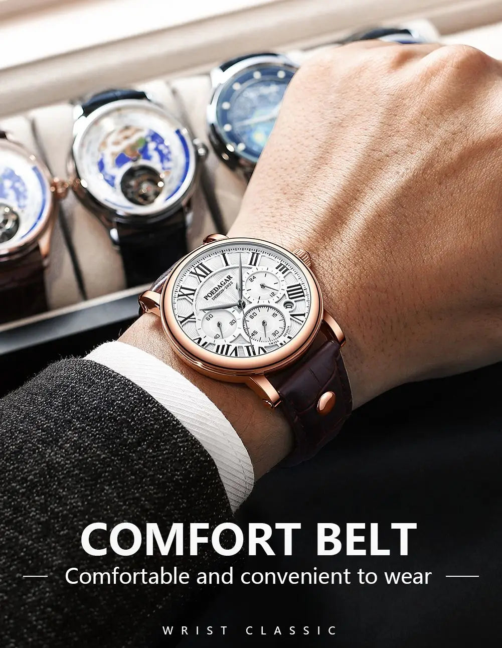 Montre Homme POEDAGAR Luxe Chronographe — Date, Cuir, Étanche, Business