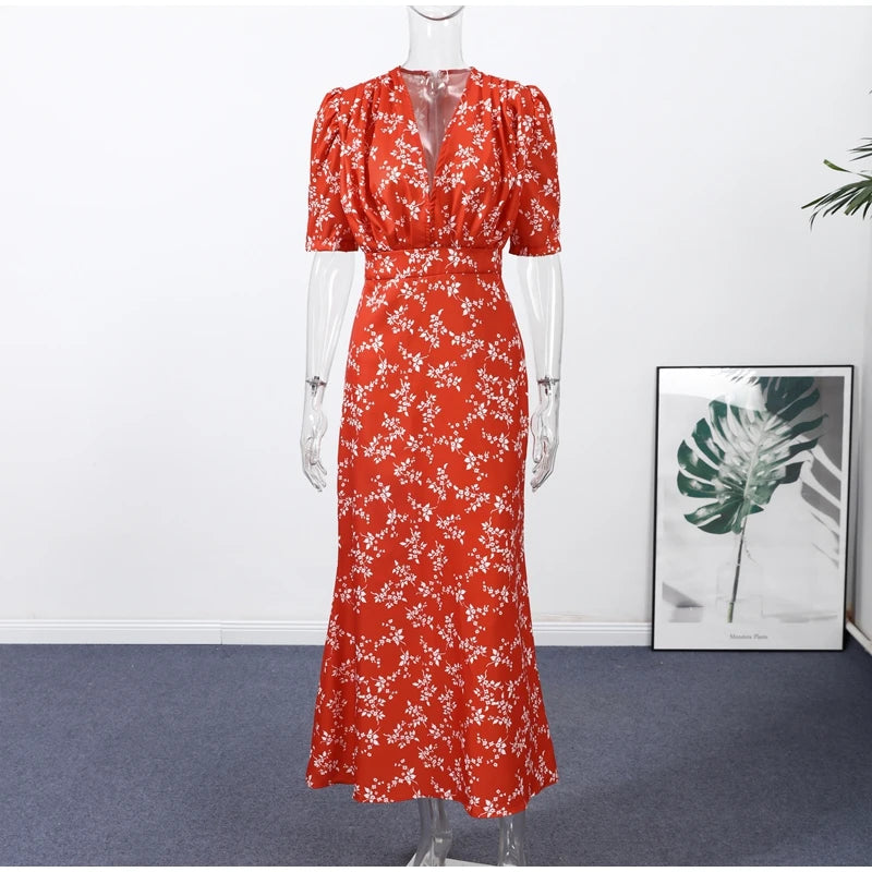 Robe Midi Imprimée Col V Profond — Manches Bouffantes, Taille Haute, Soirée 2026