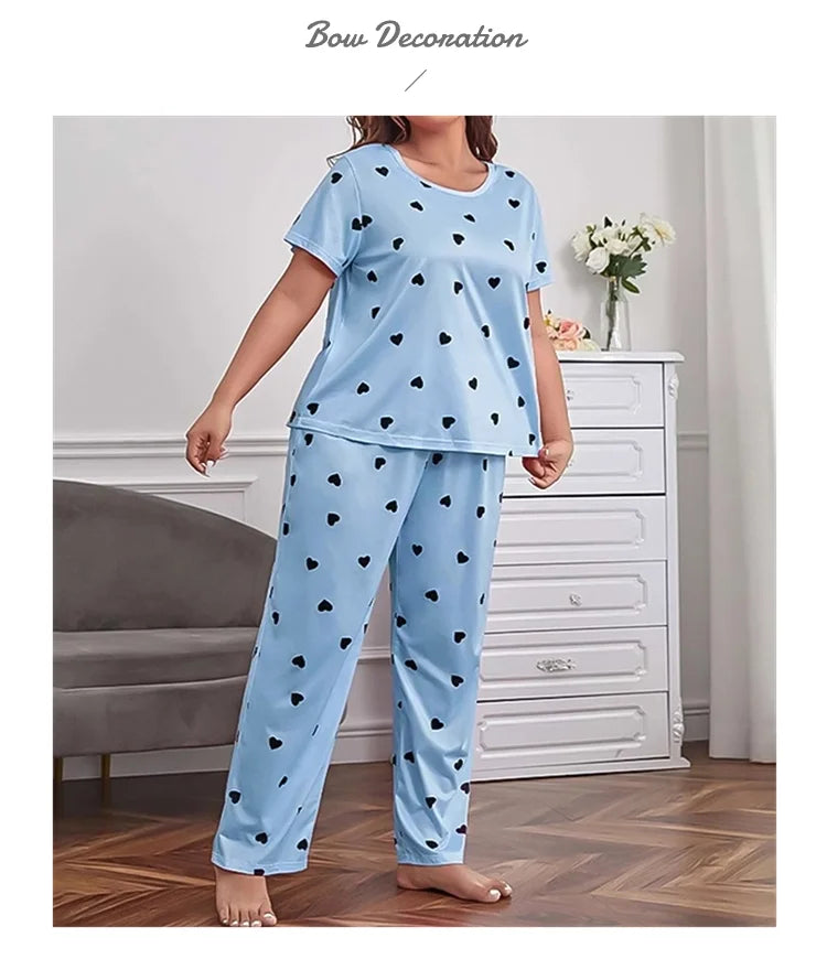 Pyjama Femme Grande Taille Imprimé Cœur — 2 Pièces Manches Courtes & Pantalon, Doux