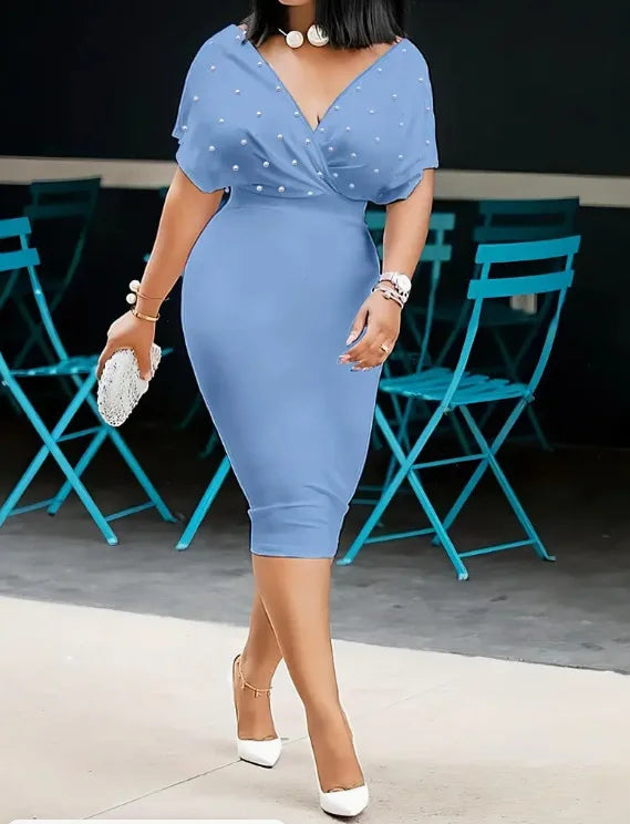 Robe Midi Sexy Col V Moulante — Couleur Unie, Bureau & Soirée, Printemps Été 2025