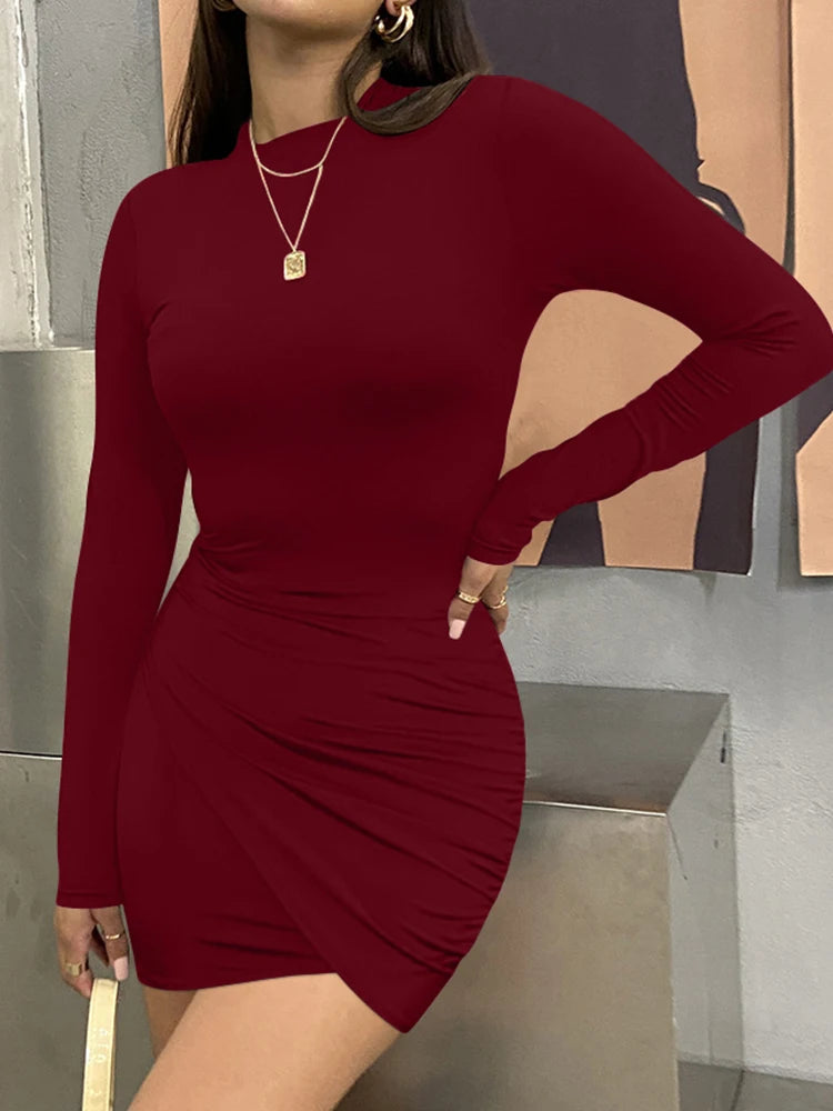 Robe Femme Manches Longues Froncée 2025 — Col Roulé, Taille Haute, Slim Fit Sexy