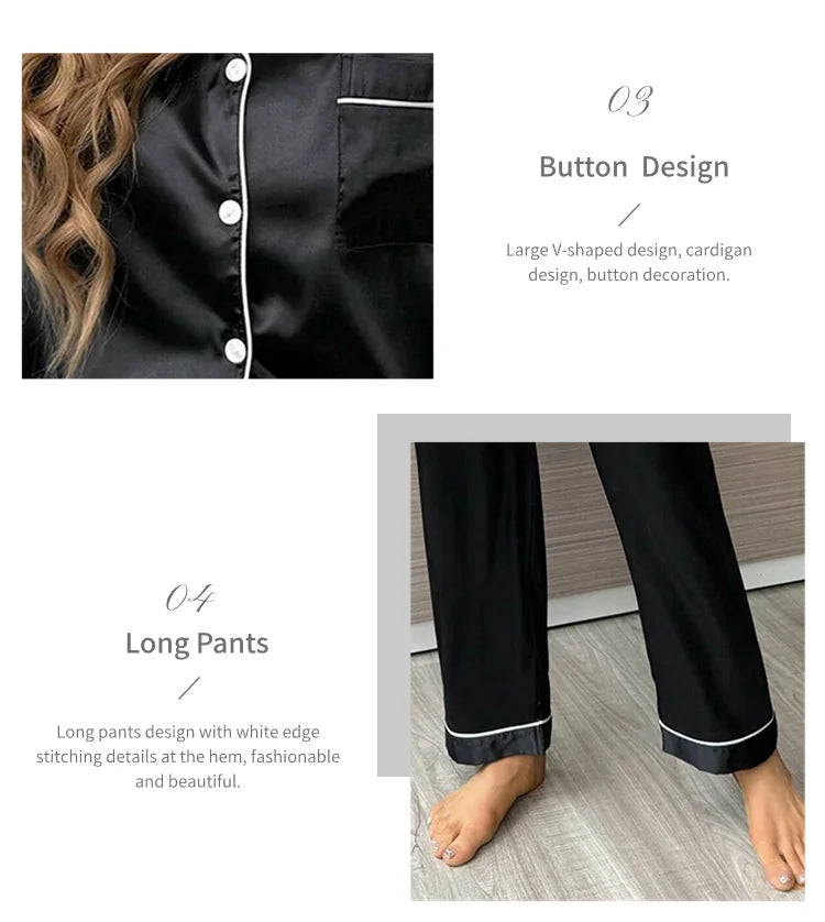 Pyjama Femme Satin Automne 2 Pièces — Haut Boutons Manches Courtes & Pantalon, Doux