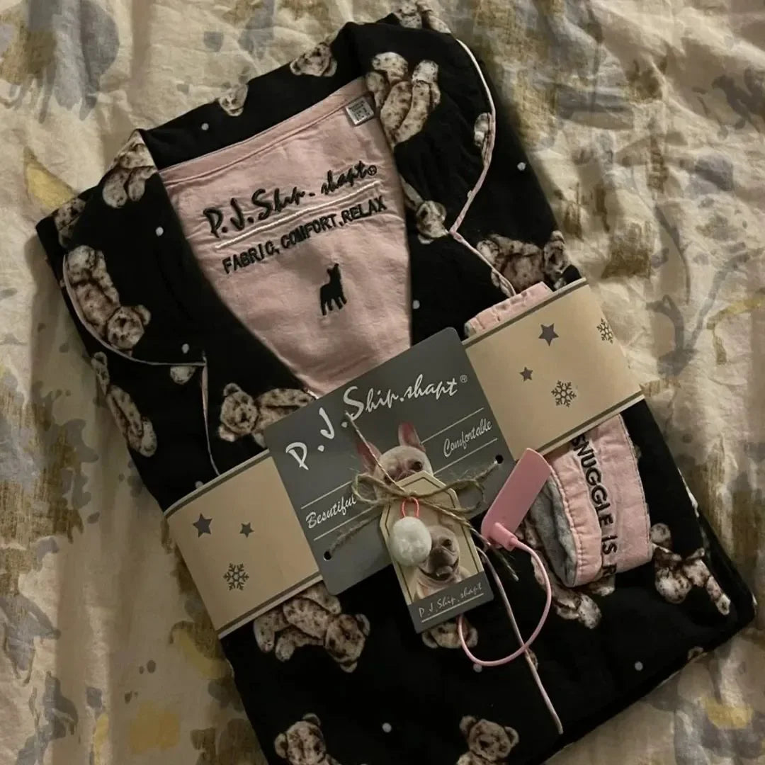 Ensemble Pyjama Femme Coton — Imprimé Cartoon Mignon, 2 Pièces, Manches Longues, Automne