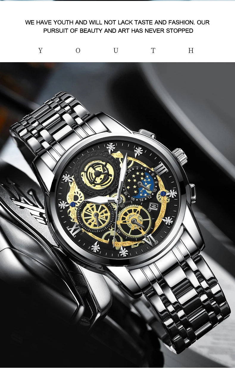 Montre Homme BINBOND Luxe Quartz — Acier Inoxydable, Lumineux, Étanche 30M, Business