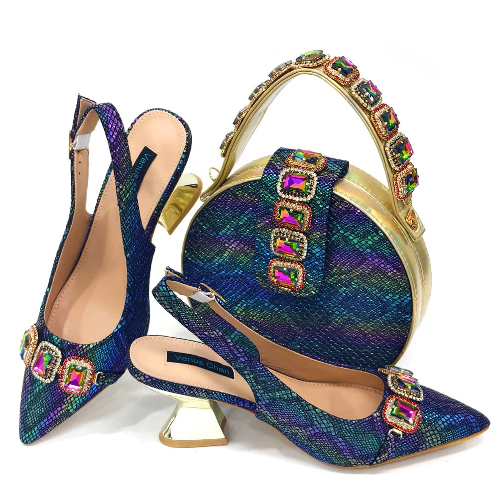 Ensemble Chaussures & Sac Femme Venus Chan Vert Strass — Talon Haut, Soirée Luxe
