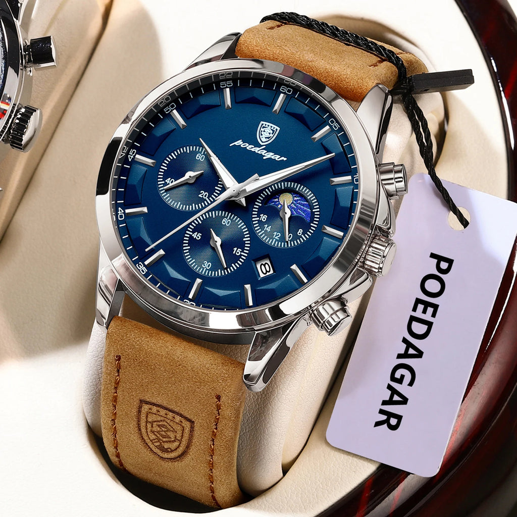 POEDAGAR Montre Homme Luxe Chronographe Cuir — Étanche, Lumineuse, Date, Sport Militaire