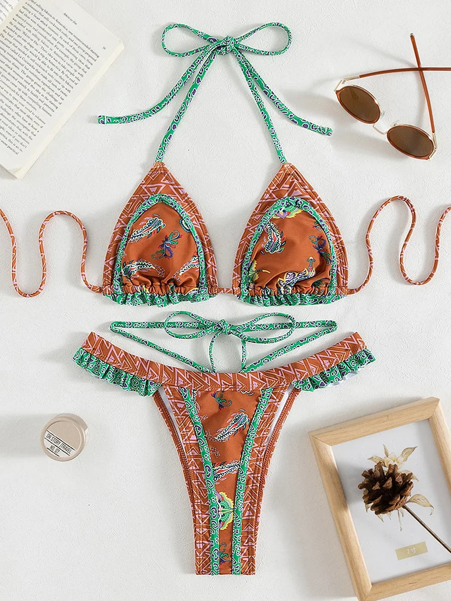 Bikini Halter Floral Volanté Femme — 2 Pièces, Tanga, Maillot de Bain Plage