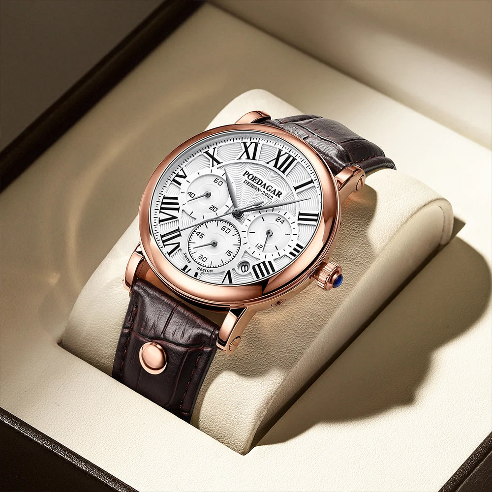 Montre Homme POEDAGAR Luxe Chronographe — Date, Cuir, Étanche, Business