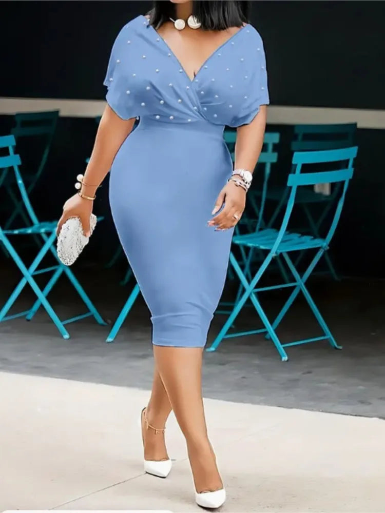 Robe Midi Sexy Col V Moulante — Couleur Unie, Bureau & Soirée, Printemps Été 2025