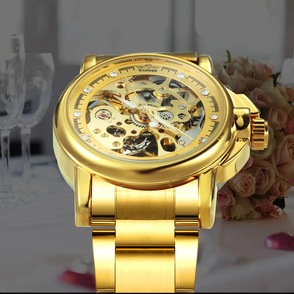 Montre Automatique Femme WINNER Squelette Or — Luxe Glacé, Acier Inoxydable, Élégante