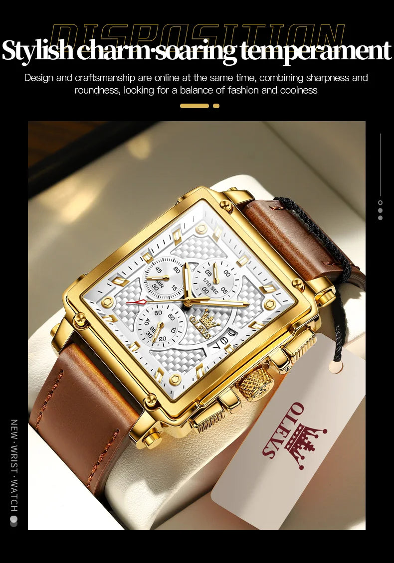 Montre Homme OLEVS Carrée Luxe Quartz — Étanche, Lumineux, Chronographe, Relogio