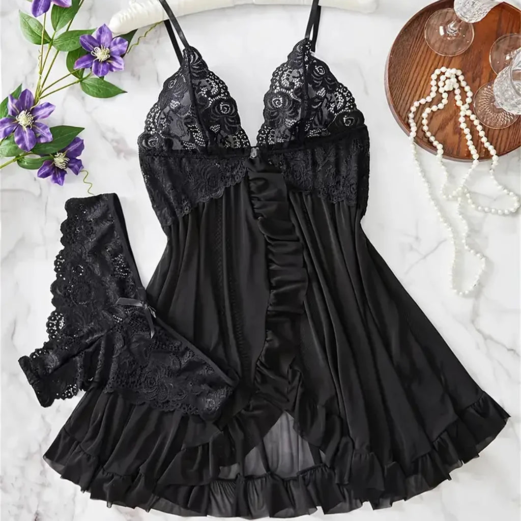 Lingerie Femme Transparente Dentelle — Nuisette Babydoll Sexy, Soutien-Gorge Ouvert