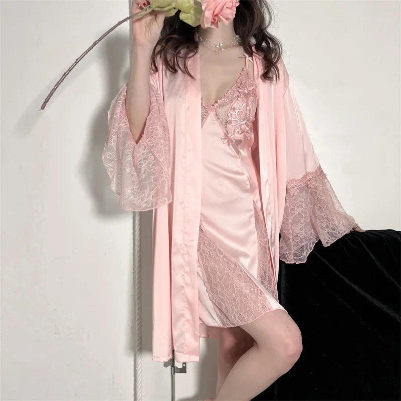 Robe de Chambre Femme Broderie Sexy — Dentelle Satin, Kimono Mariage Été