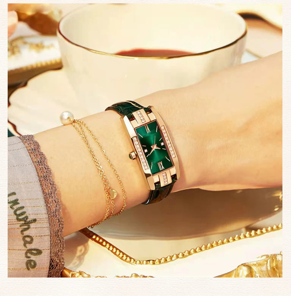 Montre Femme Carrée Quartz — Bracelet Cuir Vert, Cadran Simple, Luxe Fashion