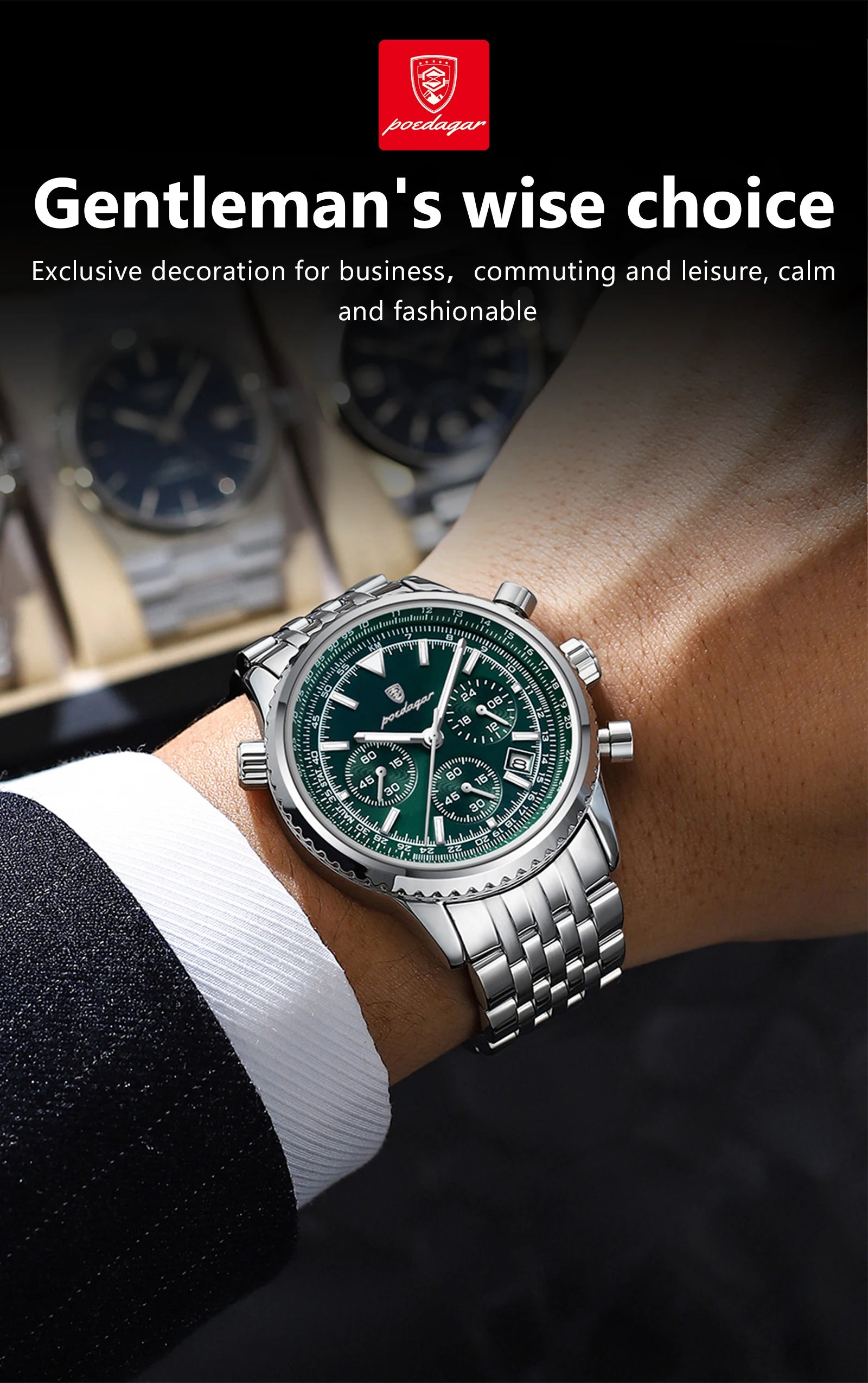 POEDAGAR Montre Homme Luxe Chronographe — Acier Inoxydable, Étanche, Sport Élégant