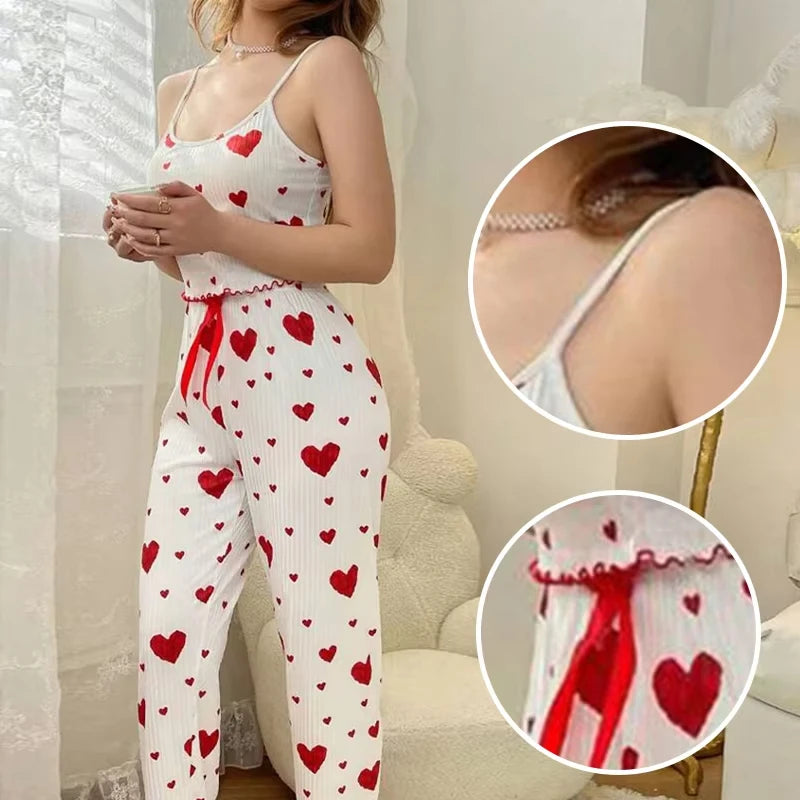 Ensemble Pyjama Femme Soie Glacée 2 Pièces — Débardeur Imprimé & Pantalon Long, Sexy