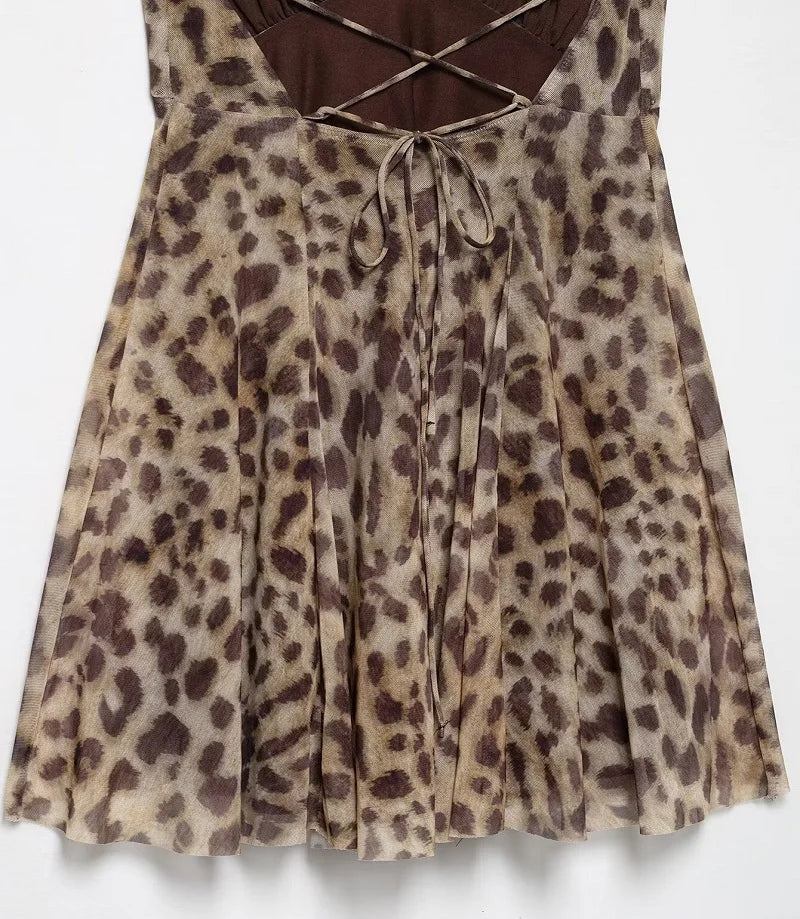 Robe Mini Tulle Léopard Femme 2025 — Dos Nu, Drapée, Soirée & Fête