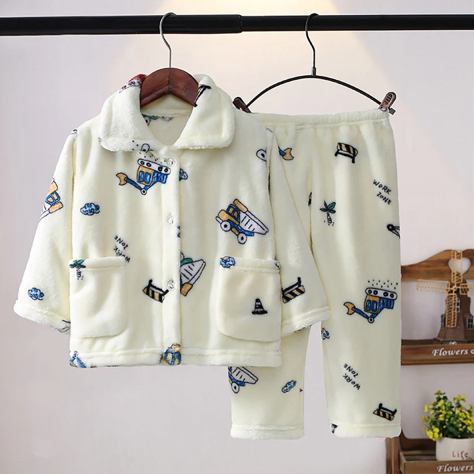 Pyjama Enfant Polaire Cartoon — Manches Longues, Chaud Hiver, Garçon & Fille
