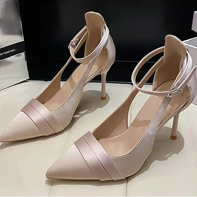 Escarpins Satin Violet Talon Fin Femme 2025 — Bride Cheville, Bout Pointu, Mariage Soirée