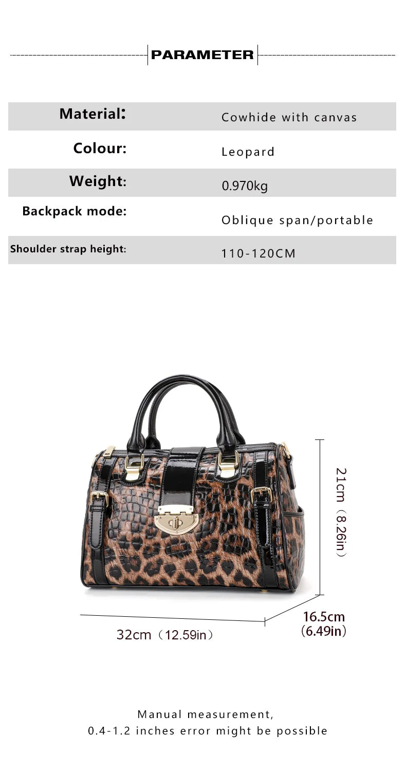 Sac Boston Femme Cuir Véritable Imprimé Léopard — Style Luxe Tendance