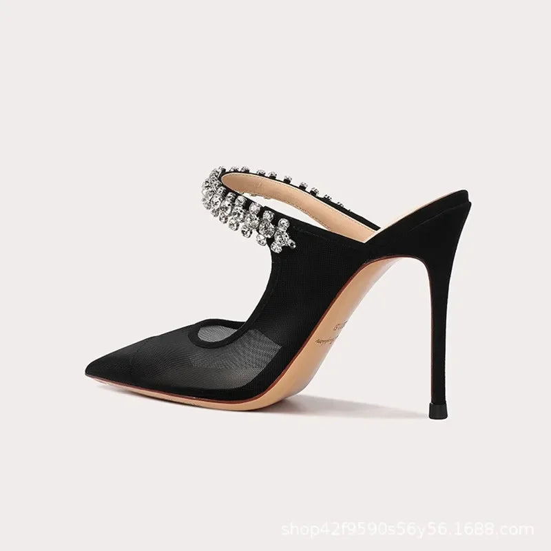 Mules Femme Diamant Filet Bout Fermé 2024 — Talon Fin, Noir, Été Sexy