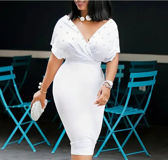 Robe Midi Sexy Col V Moulante — Couleur Unie, Bureau & Soirée, Printemps Été 2025